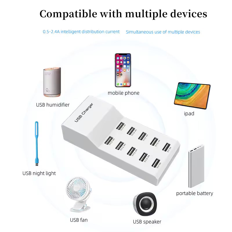 4/10-Ports USB Charging Station50W/10A Multi Port USB C Hub Charger for Cellphone Tablet Multiple Devices Extension Socket